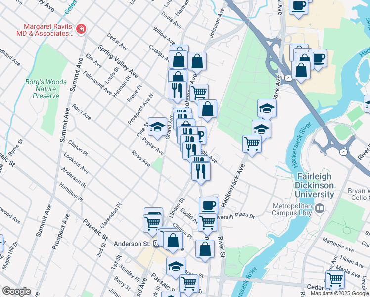 map of restaurants, bars, coffee shops, grocery stores, and more near 22 Fairmount Avenue in Hackensack