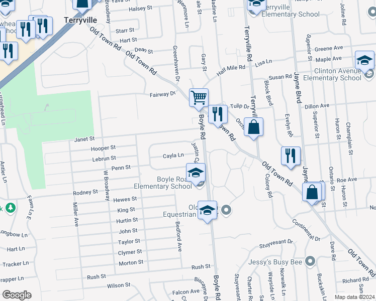 map of restaurants, bars, coffee shops, grocery stores, and more near 3 Cayla Lane in Port Jefferson Station