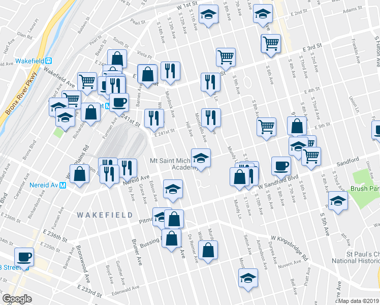 map of restaurants, bars, coffee shops, grocery stores, and more near 4418 Murdock Avenue in Bronx