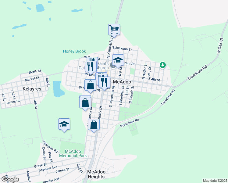 map of restaurants, bars, coffee shops, grocery stores, and more near 65 South Cleveland Street in McAdoo