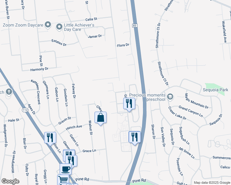 map of restaurants, bars, coffee shops, grocery stores, and more near 2 Navajo Court in Coram