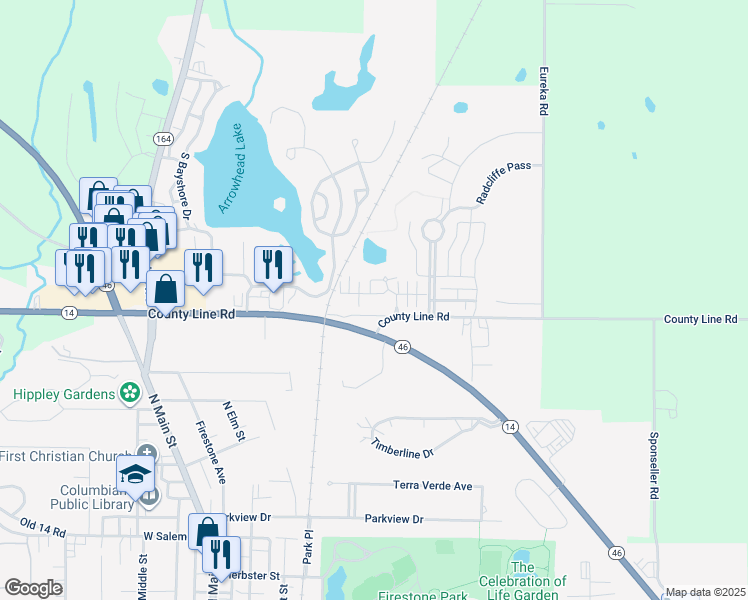 map of restaurants, bars, coffee shops, grocery stores, and more near 117 Village Court in Columbiana
