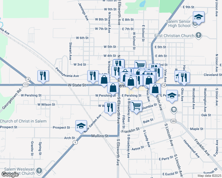 map of restaurants, bars, coffee shops, grocery stores, and more near 175 West State Street in Salem