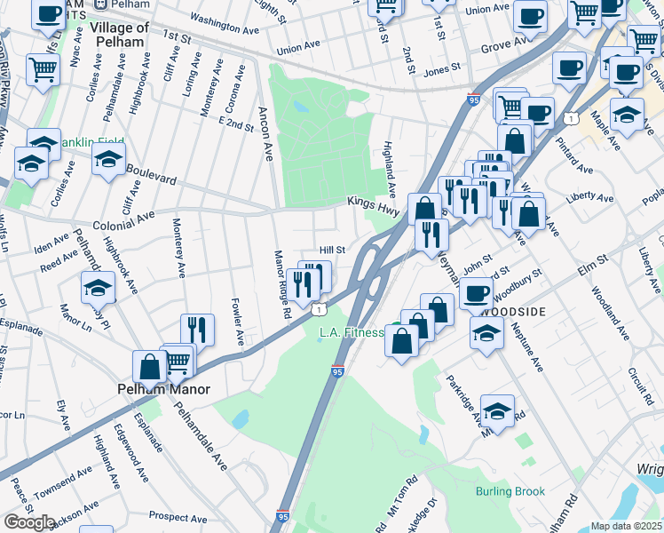 map of restaurants, bars, coffee shops, grocery stores, and more near 9 Cleveland Court in New Rochelle