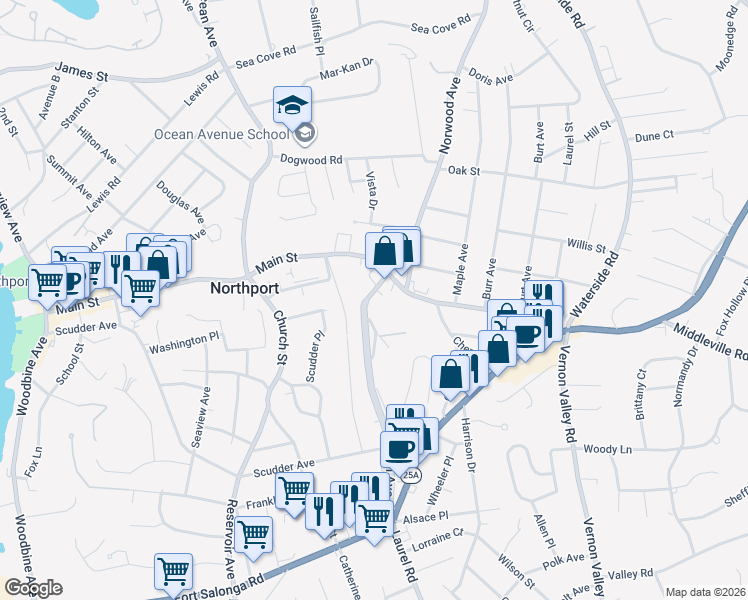 map of restaurants, bars, coffee shops, grocery stores, and more near 24 Laurel Avenue in Northport