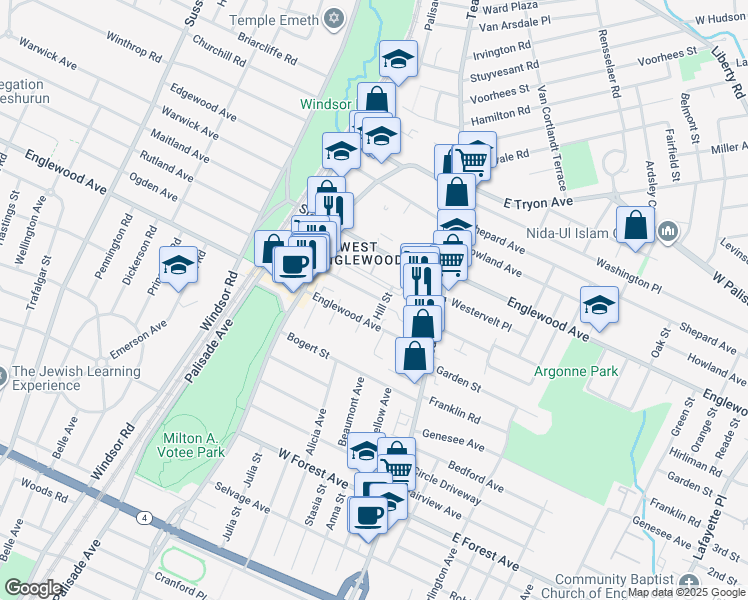 map of restaurants, bars, coffee shops, grocery stores, and more near 78 Walraven Drive in Teaneck