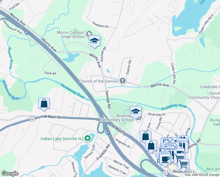 map of restaurants, bars, coffee shops, grocery stores, and more near 66 Savage Rd in Denville