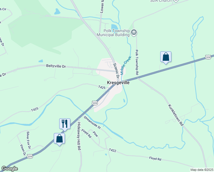 map of restaurants, bars, coffee shops, grocery stores, and more near 504 Whitey B Drive in Kunkletown