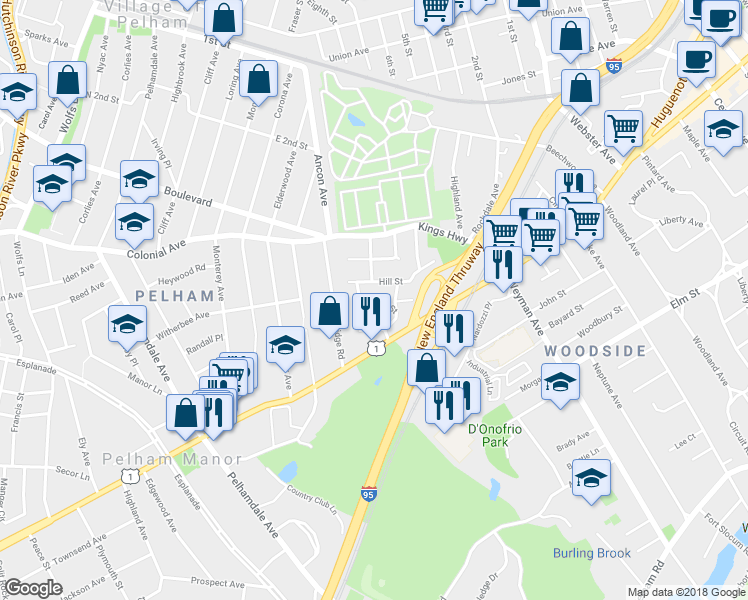 map of restaurants, bars, coffee shops, grocery stores, and more near 17 Flower Street in New Rochelle