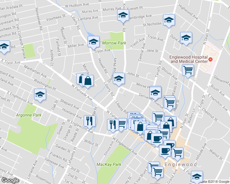 map of restaurants, bars, coffee shops, grocery stores, and more near 64 Knickerbocker Road in Englewood
