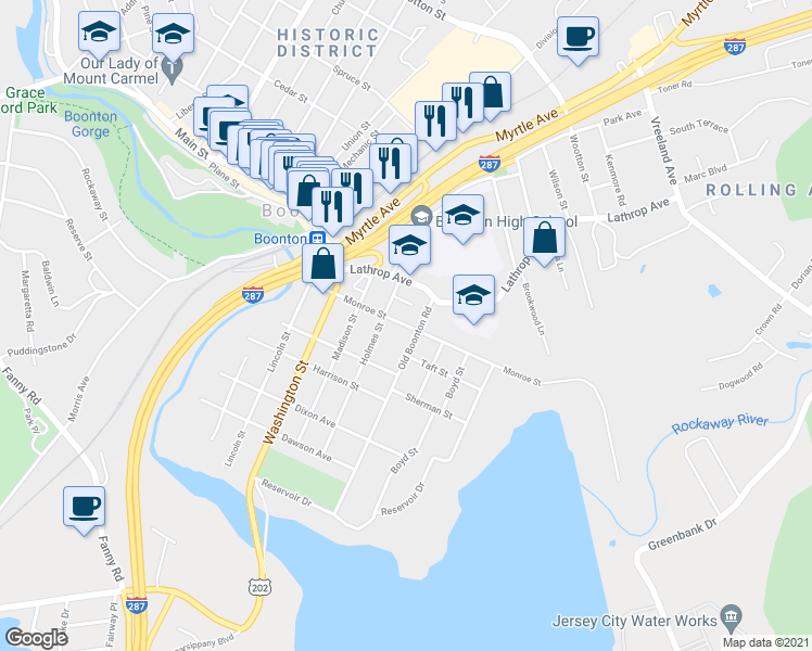 map of restaurants, bars, coffee shops, grocery stores, and more near 317 Monroe Street in Boonton