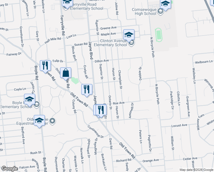 map of restaurants, bars, coffee shops, grocery stores, and more near 37 Ontario Street in Port Jefferson Station