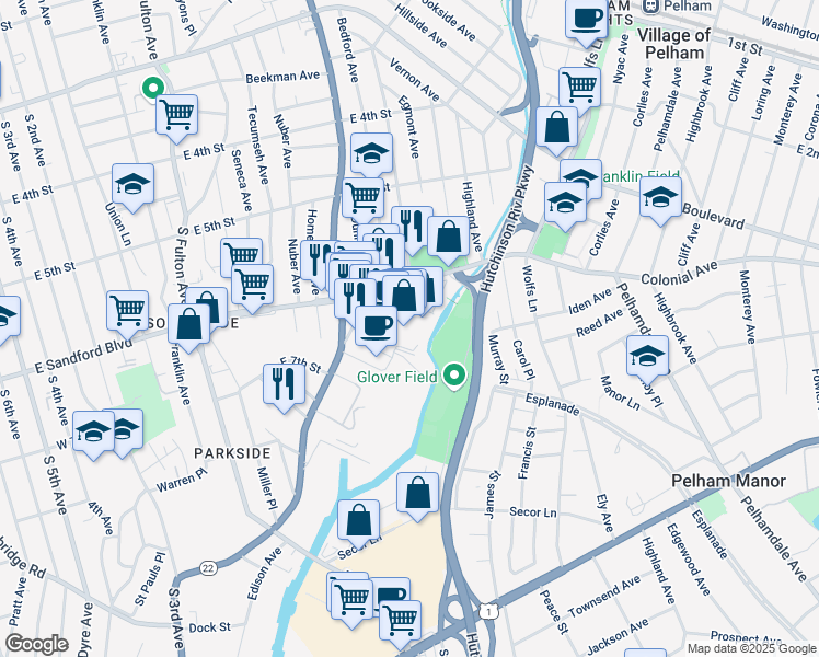 map of restaurants, bars, coffee shops, grocery stores, and more near 500 East Sandford Boulevard in Mount Vernon