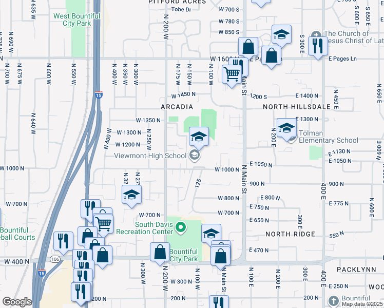 map of restaurants, bars, coffee shops, grocery stores, and more near 120 West 1000 North in Bountiful