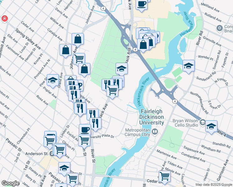 map of restaurants, bars, coffee shops, grocery stores, and more near 180 Hackensack Avenue in Hackensack