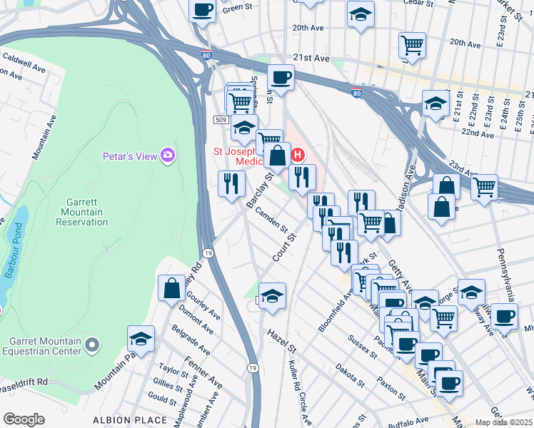 map of restaurants, bars, coffee shops, grocery stores, and more near 725 Camden Street in Paterson