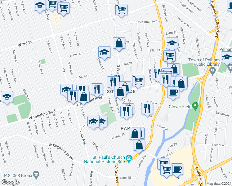 map of restaurants, bars, coffee shops, grocery stores, and more near 61st in Mt Vernon