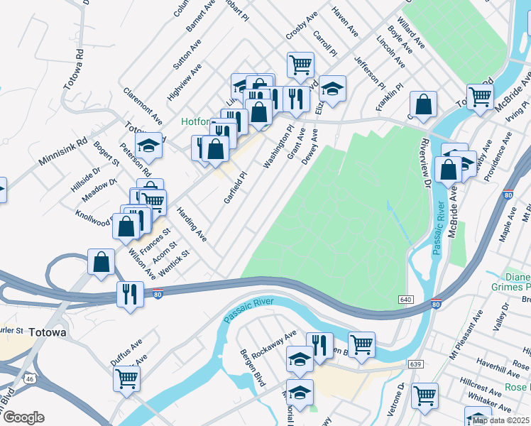 map of restaurants, bars, coffee shops, grocery stores, and more near 171 Dewey Ave in Totowa
