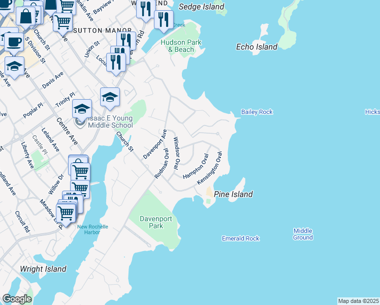 map of restaurants, bars, coffee shops, grocery stores, and more near 40 Winchester Oval in New Rochelle