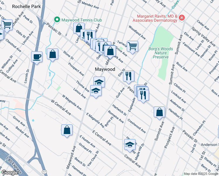map of restaurants, bars, coffee shops, grocery stores, and more near 447 South Elm Street in Maywood