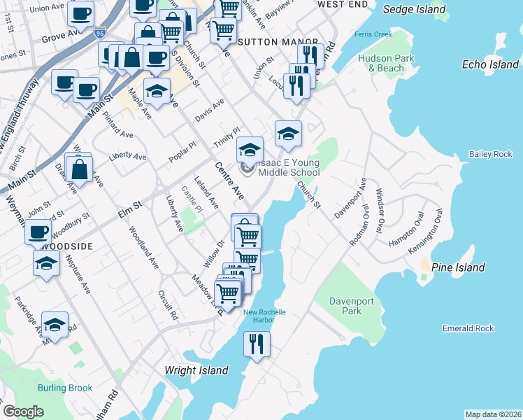 map of restaurants, bars, coffee shops, grocery stores, and more near 266 Pelham Road in New Rochelle