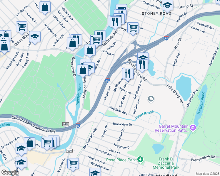 map of restaurants, bars, coffee shops, grocery stores, and more near 95 Maple Avenue in Woodland Park