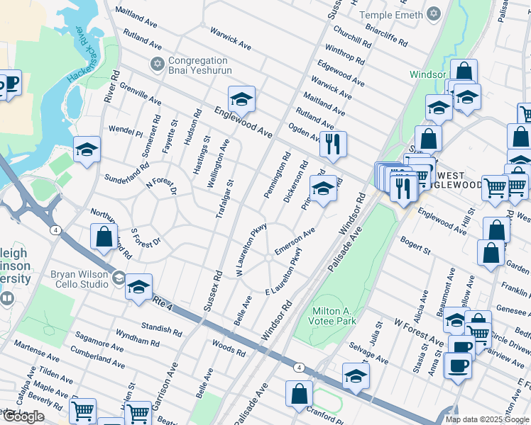 map of restaurants, bars, coffee shops, grocery stores, and more near 1265 Pennington Road in Teaneck