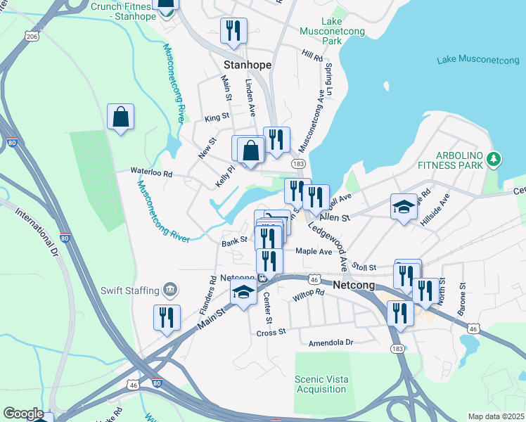 map of restaurants, bars, coffee shops, grocery stores, and more near 1 Jenny Lind Street in Netcong