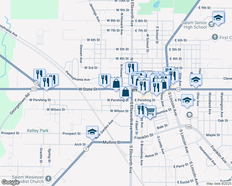map of restaurants, bars, coffee shops, grocery stores, and more near 239 West State Street in Salem