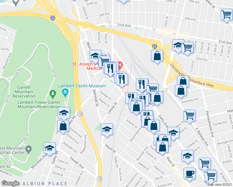 map of restaurants, bars, coffee shops, grocery stores, and more near 53 Courtland Street in Paterson