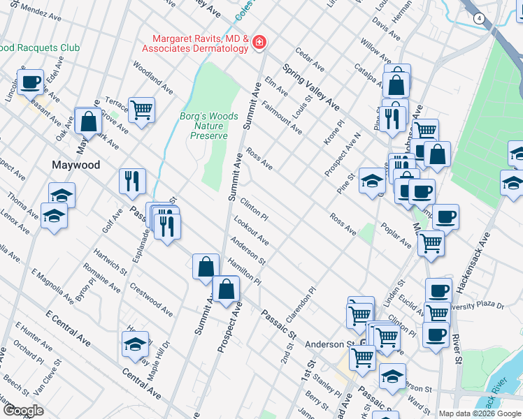 map of restaurants, bars, coffee shops, grocery stores, and more near 304 Clinton Place in Hackensack