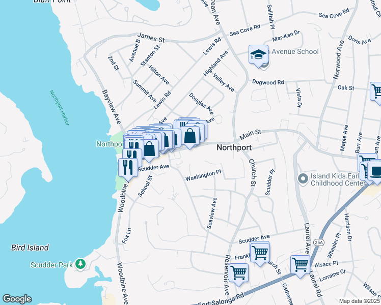 map of restaurants, bars, coffee shops, grocery stores, and more near 240 Main Street in Northport