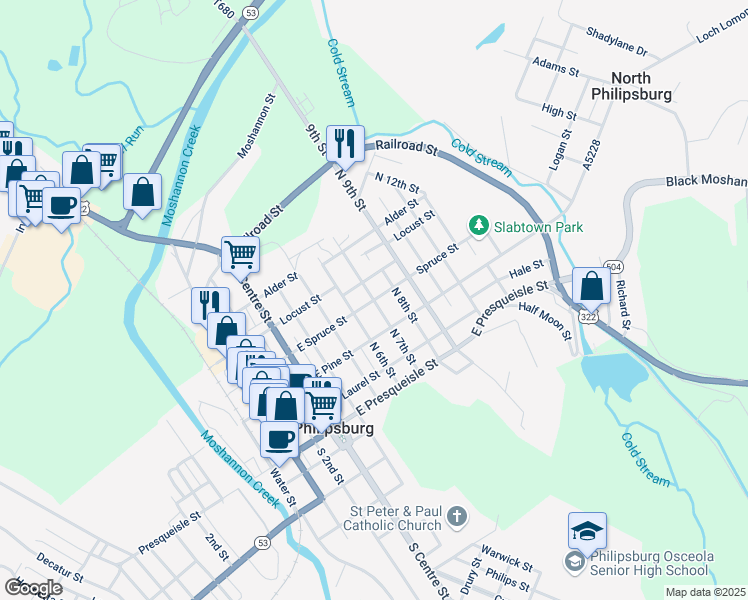 map of restaurants, bars, coffee shops, grocery stores, and more near 610 E Spruce St in Philipsburg