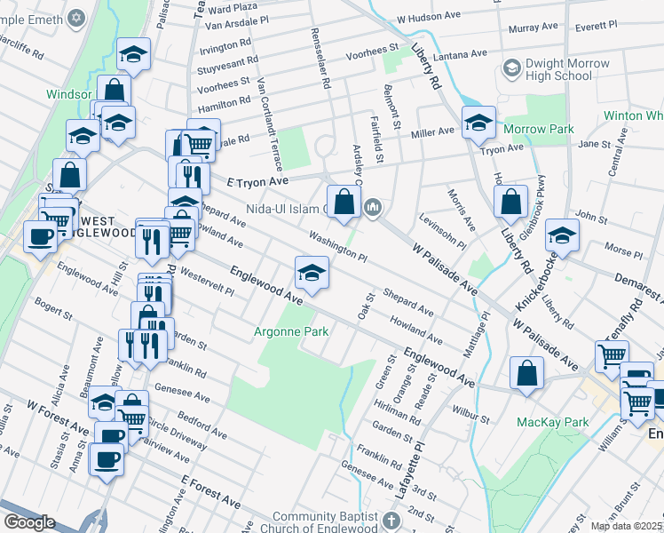 map of restaurants, bars, coffee shops, grocery stores, and more near 206 Shepard Ave in Teaneck