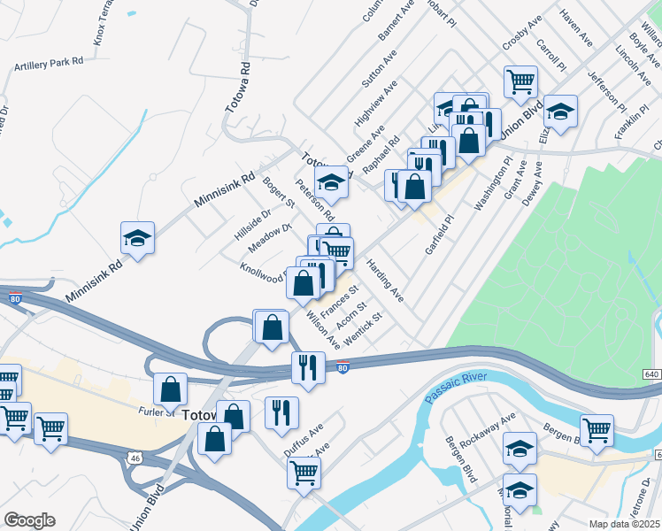 map of restaurants, bars, coffee shops, grocery stores, and more near 143 Stewart Terrace in Totowa
