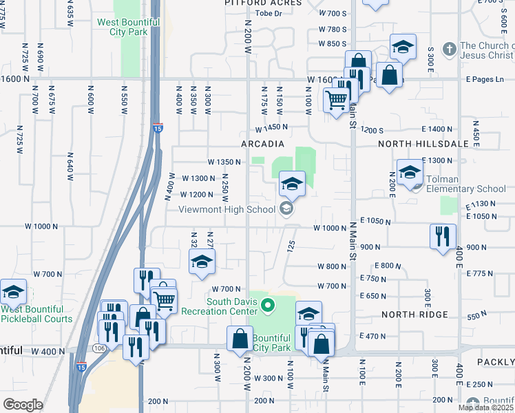 map of restaurants, bars, coffee shops, grocery stores, and more near 1130 North 200 West in Bountiful