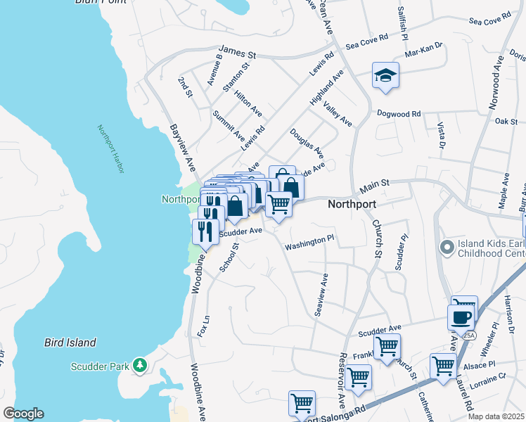 map of restaurants, bars, coffee shops, grocery stores, and more near 172 Main Street in Northport