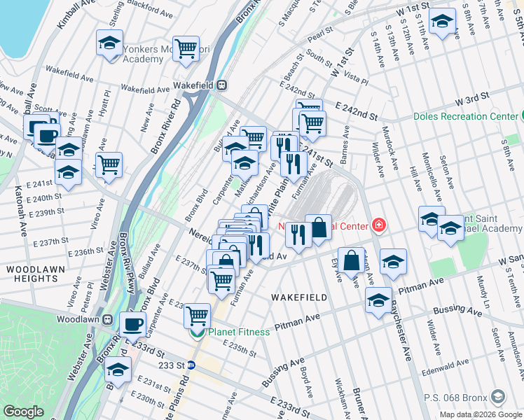 map of restaurants, bars, coffee shops, grocery stores, and more near 4510 White Plains Road in Bronx