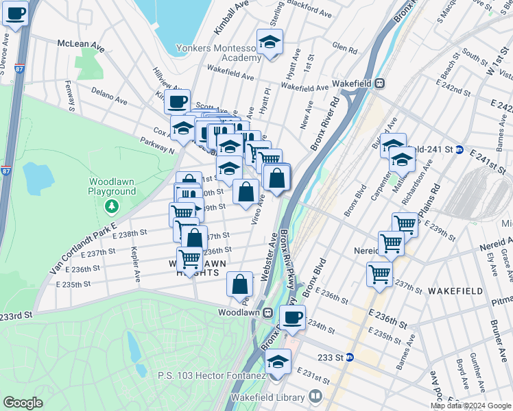 map of restaurants, bars, coffee shops, grocery stores, and more near 4354 Vireo Avenue in Bronx