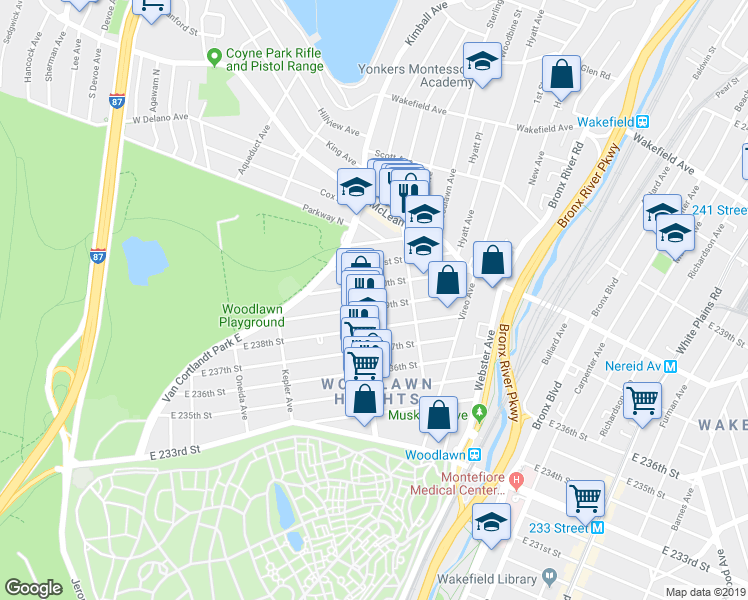 map of restaurants, bars, coffee shops, grocery stores, and more near 4350 Katonah Avenue in Bronx