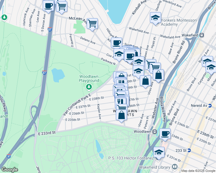 map of restaurants, bars, coffee shops, grocery stores, and more near 257 East 239th Street in Bronx