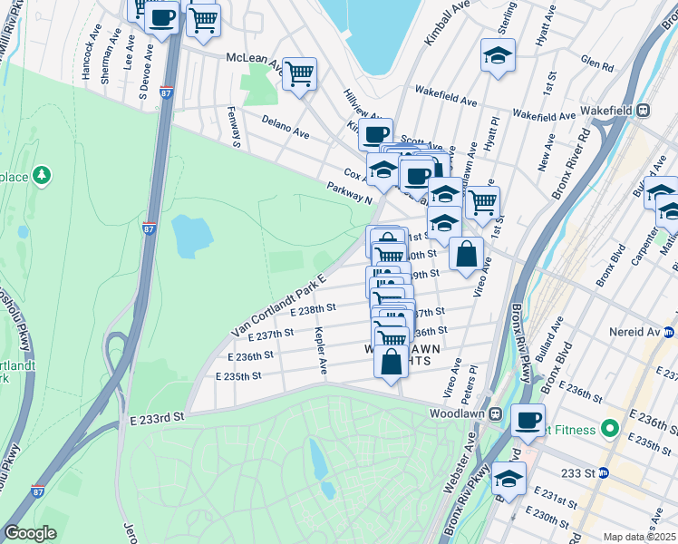 map of restaurants, bars, coffee shops, grocery stores, and more near 4420 Van Cortlandt Park East in Bronx