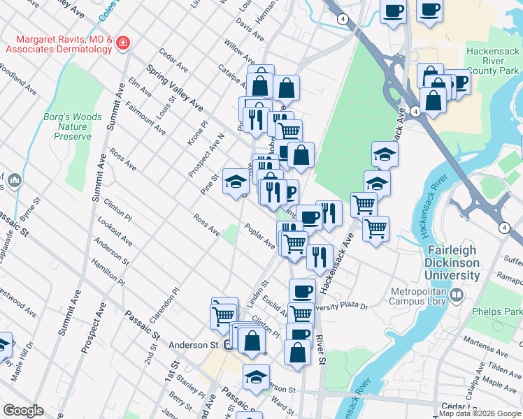 map of restaurants, bars, coffee shops, grocery stores, and more near 22 Fairmount Avenue in Hackensack
