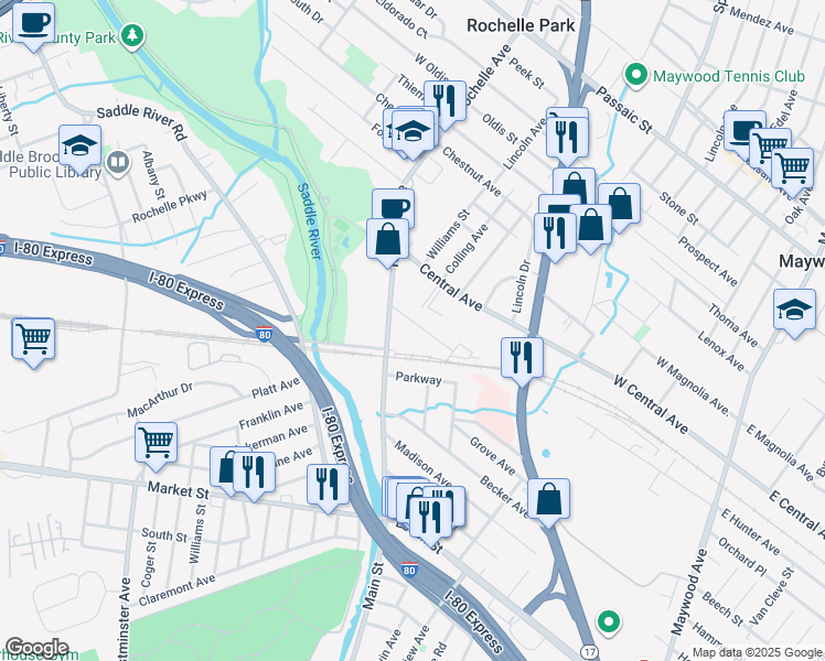 map of restaurants, bars, coffee shops, grocery stores, and more near 33 Oak Street in Rochelle Park