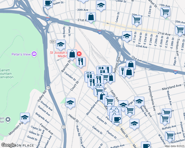 map of restaurants, bars, coffee shops, grocery stores, and more near 31 Hemlock Street in Paterson