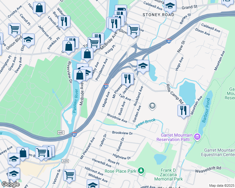 map of restaurants, bars, coffee shops, grocery stores, and more near 128 Jackson Avenue in Woodland Park
