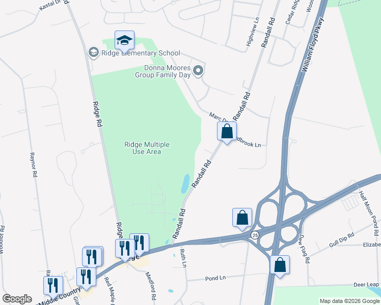map of restaurants, bars, coffee shops, grocery stores, and more near 10 Wading River Hollow Road in Ridge