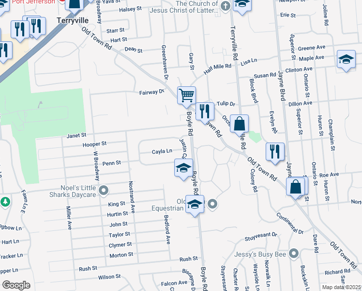 map of restaurants, bars, coffee shops, grocery stores, and more near 3 Cayla Lane in Port Jefferson Station