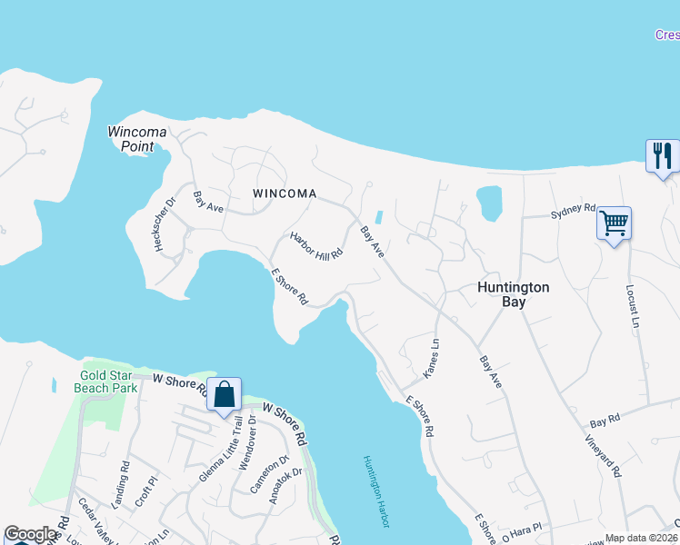 map of restaurants, bars, coffee shops, grocery stores, and more near 19 Harbor Hill Road in Huntington