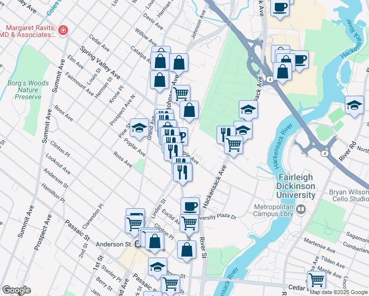 map of restaurants, bars, coffee shops, grocery stores, and more near 20 Temple Avenue in Hackensack